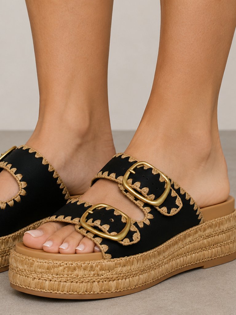 Dolce Vita Wanika Black Leather Double Buckle Platform Sandals Nwot